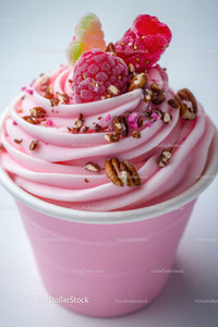 Pink Soft Serve Ice Cream with Raspberries and Chocolate Sprinkles