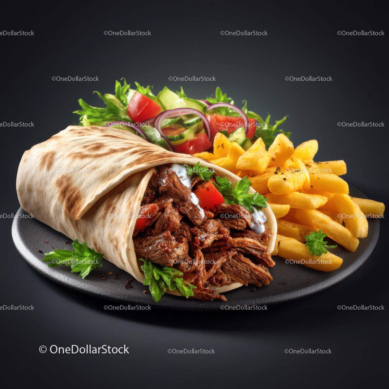 Delicious Beef Burrito with French Fries and Fresh Salad