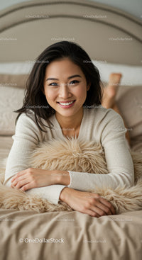Young woman smiling comfortably on cozy bed