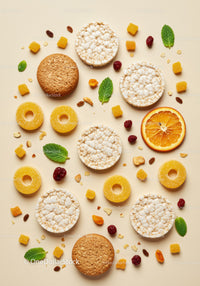 Assortment of Healthy Rice Cakes Cookies and Citrus Slices