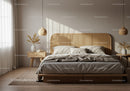 Cozy modern bedroom with rattan headboard and natural light