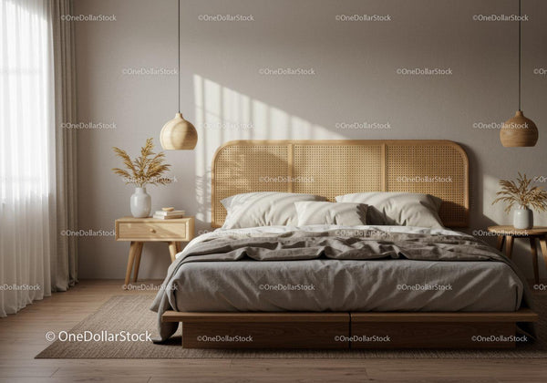 Cozy modern bedroom with rattan headboard and natural light