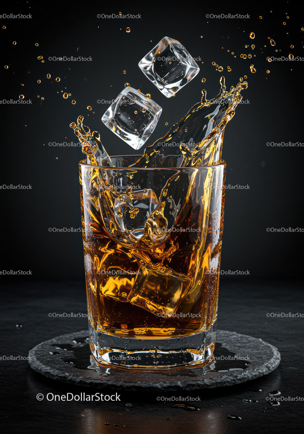 Amber whiskey splash with ice cubes in glass on dark surface