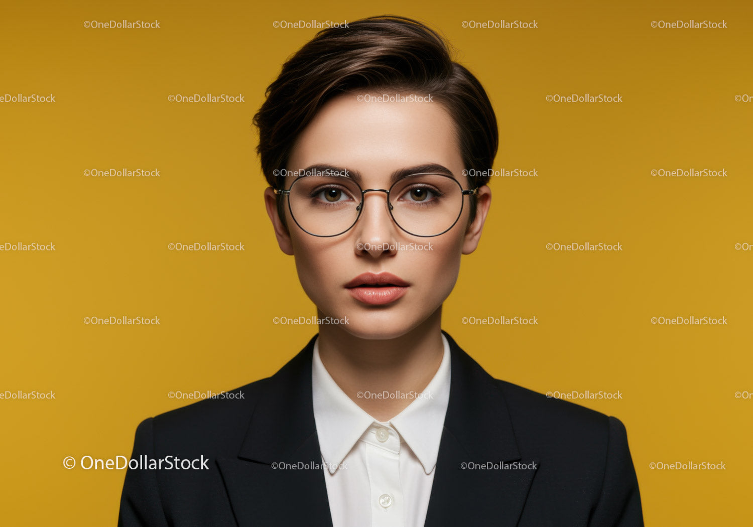 Stylish Woman Wearing Glasses with Short Hair Against Yellow Background