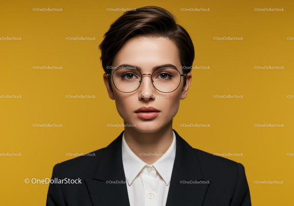 Stylish Woman Wearing Glasses with Short Hair Against Yellow Background