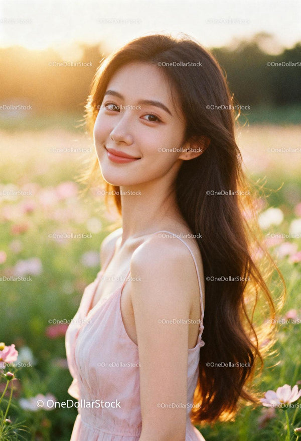 Young woman smiling in sunny flower field at sunset