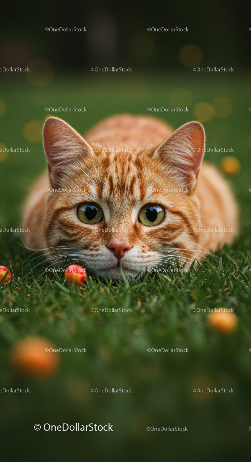 Close up of curious orange tabby cat lying on grass