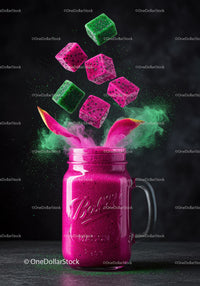 Vibrant Dragon Fruit Smoothie with Colorful Cubes Splash