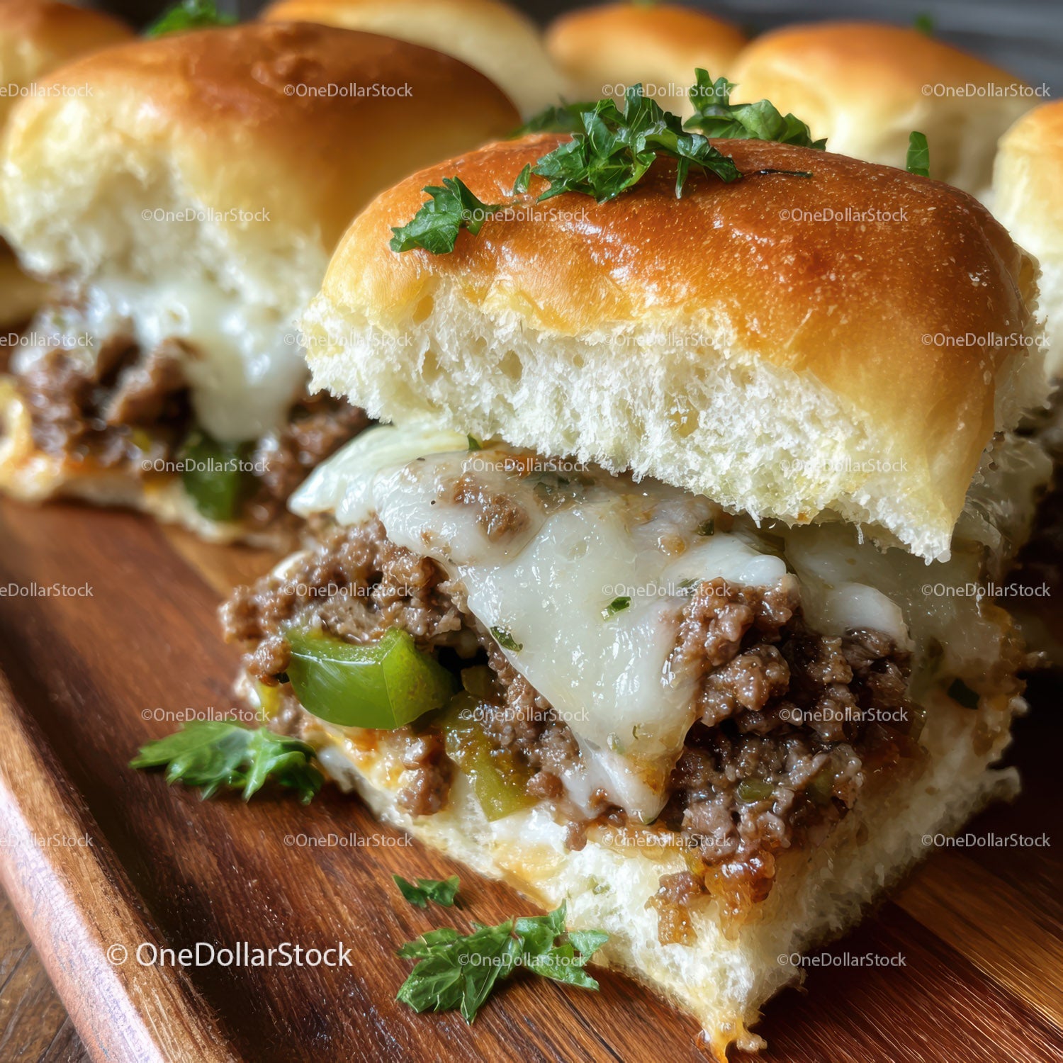 Warm Baked Bread Roll with Ground Beef Cheese and Fresh Herbs