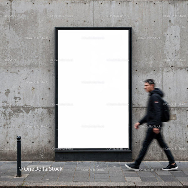 Man walking past blank urban billboard on concrete wall JPG Mockup Image
