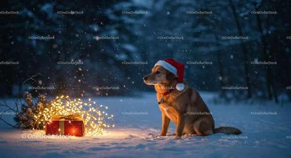 Golden dog with Santa hat by glowing Christmas gift