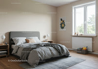 Minimalist Bedroom with Gray Bedding and Natural Light