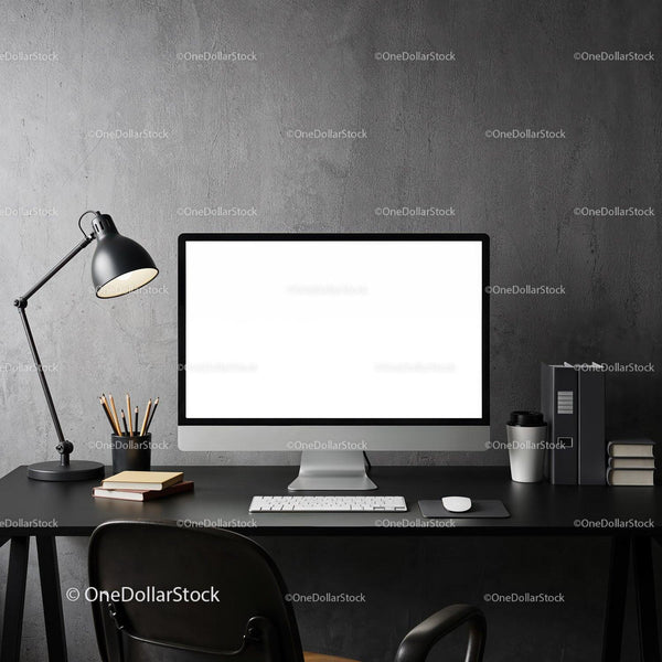 Minimalist workspace with computer and desk lamp JPG Mockup Image