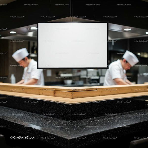 Chefs Preparing Cuisine Behind Blank Kitchen Menu Board JPG Mockup Image