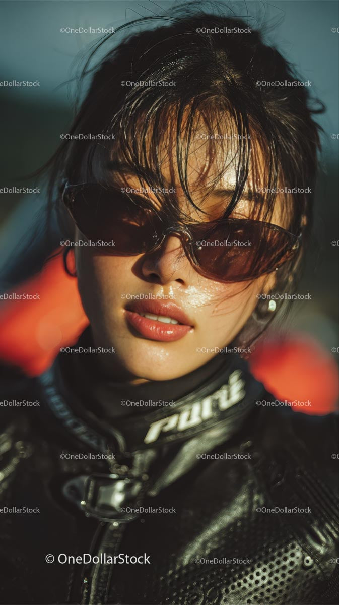 Confident Female Rider in Sunglasses with Motorcycle Gear