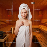 Young Woman Relaxing in Sauna with Towel Wrap in Wooden Spa Environment