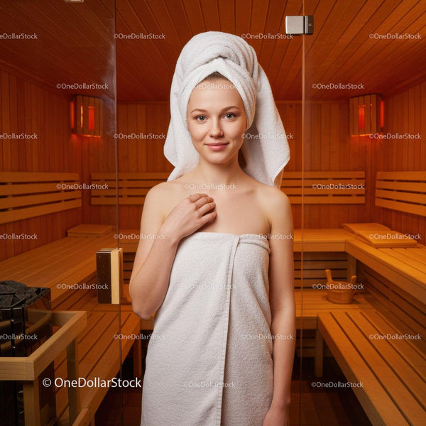 Młoda kobieta relaksująca się w saunie owinięta ręcznikiem w drewnianym spa