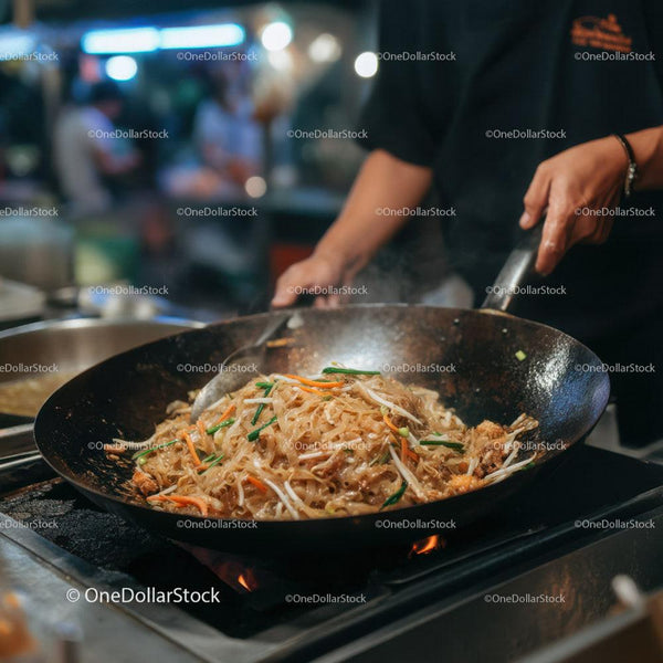 Stir-Fried Noodles with Vegetables in a Professional Street Food Setting Stock Photo Bundle (28 JPG Files)