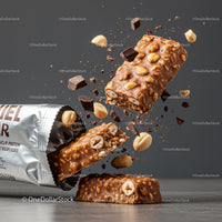 Chocolate Peanut Protein Bar Breaking with Falling Nuts