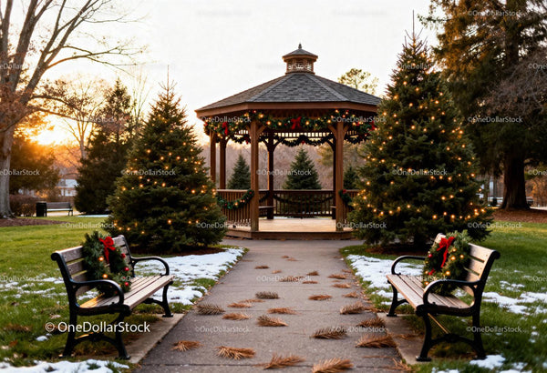 Festive Gazebo with Christmas Trees in Winter Park
