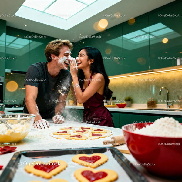 Couple Playfully Baking Heart Cookies Together in Kitchen