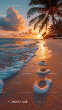 Tropical Beach Sunset with Palm Trees and Ocean Waves