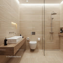 Elegant Modern Bathroom with Beige Marble Tiles and Glass Shower Enclosure