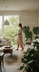 Elegant Woman Walking in a Modern Living Room with Plants