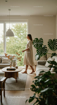 Elegant Woman Walking in a Modern Living Room with Plants