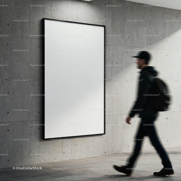 Blurred man walking past large blank poster on concrete wall JPG Mockup Image