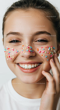 Joyful Young Woman with Colorful Sprinkles and Bright Smile
