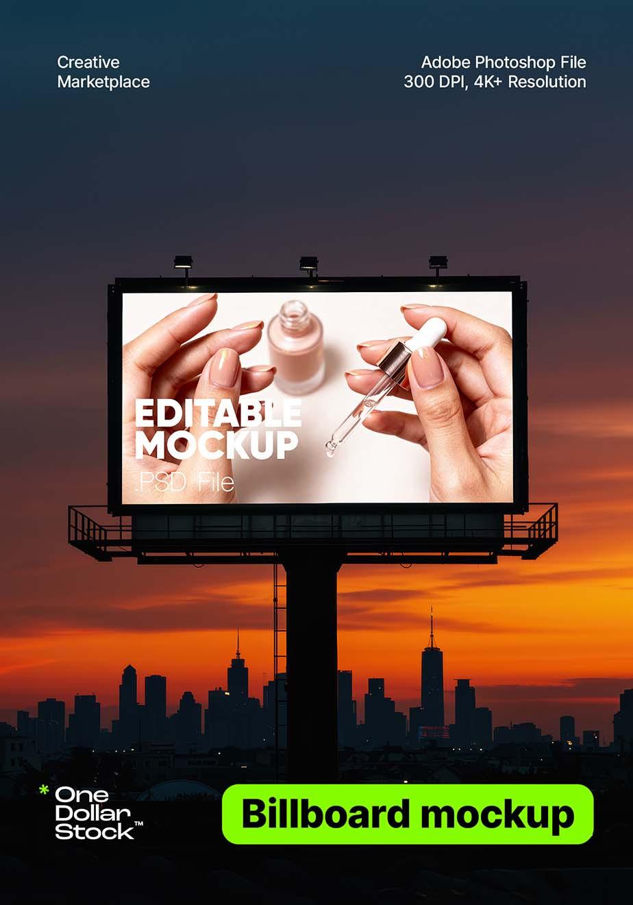 City billboard on setting sun Editable PSD Mockup preview