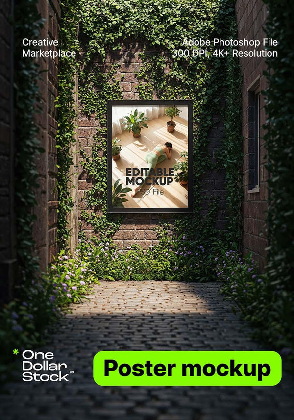 Plakat w ciemno zielonej alejce mockup