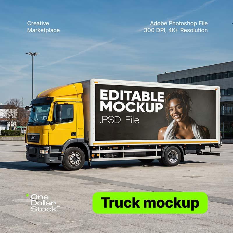 Yellow truck Editable PSD Mockup preview