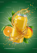 Refreshing tropical juice splash around vibrant can