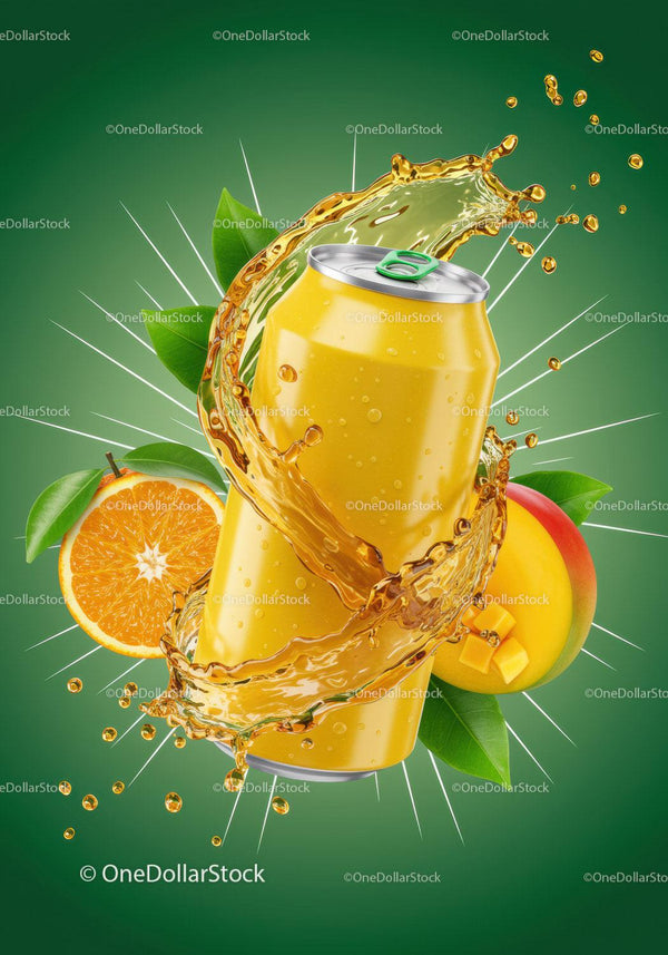 Refreshing tropical juice splash around vibrant can JPG Mockup Image