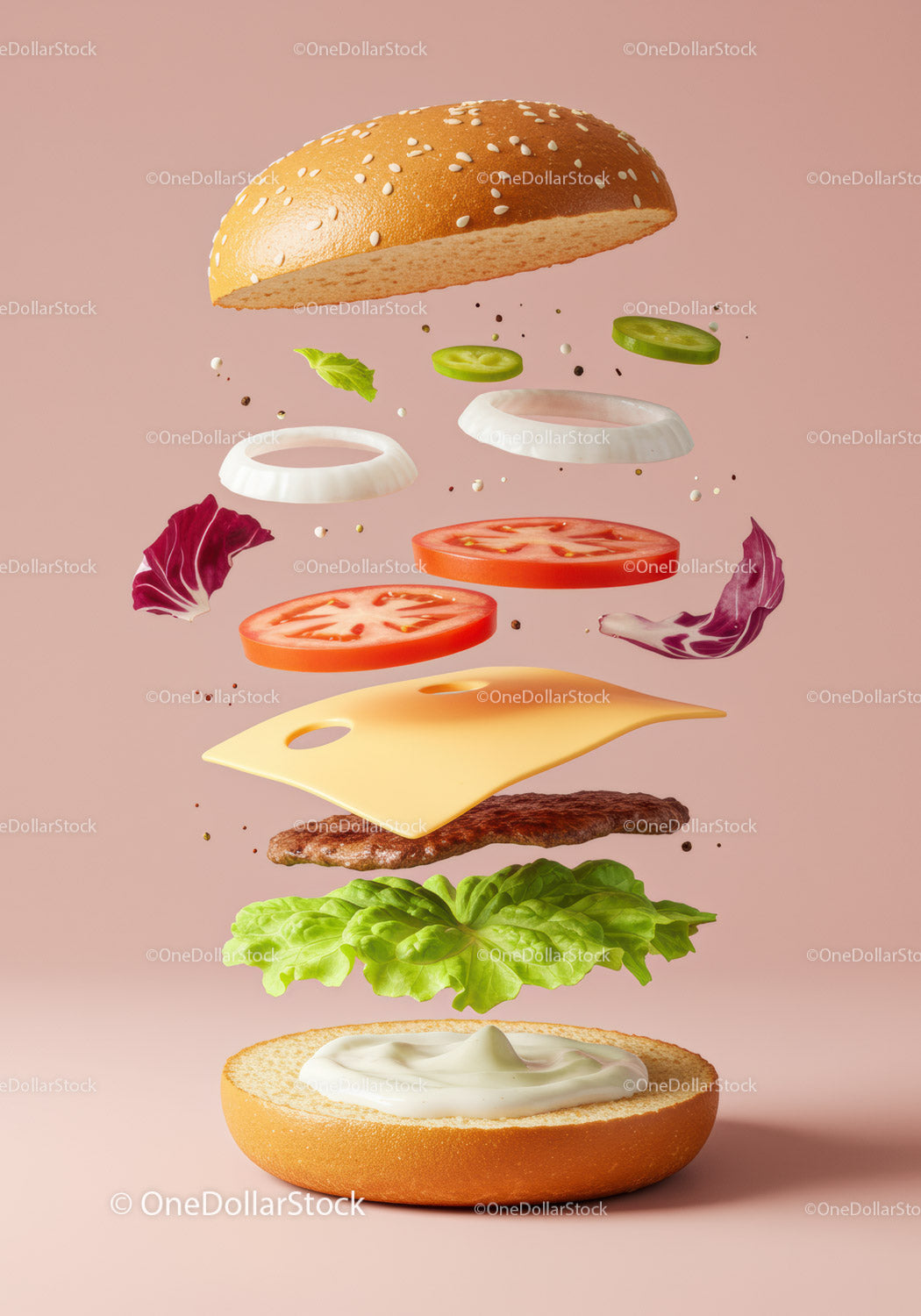 Deconstructed cheeseburger ingredients floating on pink background