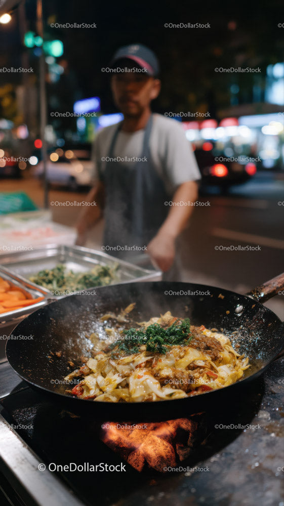 Street Food Vendor Cooking Sizzling Asian Dish at Night Market