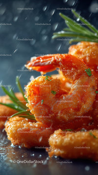 Crispy Fried Shrimp with Fresh Green Herbs on Dark Background