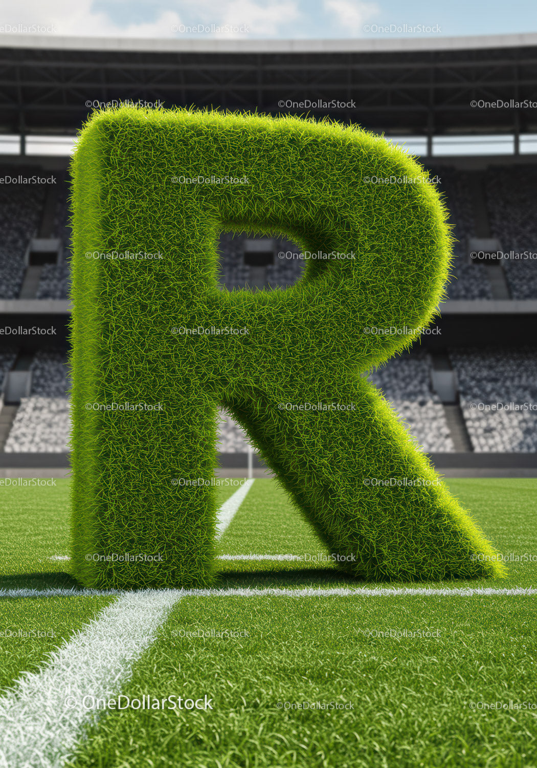 Green Grass Letter R on Soccer Field Background
