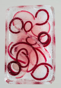 Red onion slices frozen inside a clear ice block