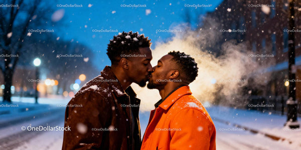 Couple sharing a warm kiss on snowy winter evening