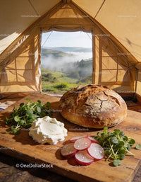 Rustic bread with cream cheese and radishes in tent camping