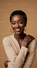 Stunning African American Woman Smiling in Stylish Beige Outfit