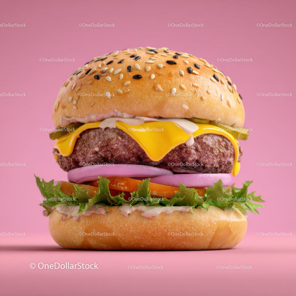 Soczysty cheeseburger z sałatą, pomidorem i cebulą na różowym tle