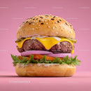 Juicy Cheeseburger with Lettuce Tomato and Onion on Pink Background