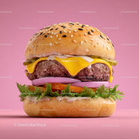 Juicy Cheeseburger with Lettuce Tomato and Onion on Pink Background