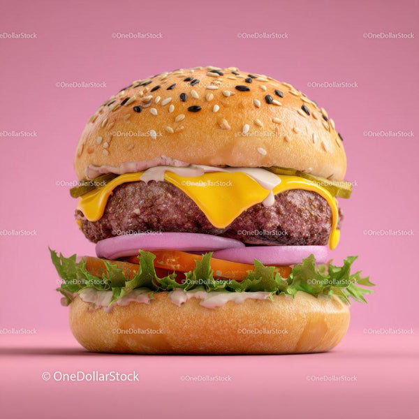 Juicy Cheeseburger with Lettuce Tomato and Onion on Pink Background