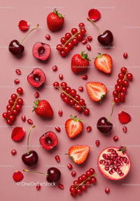 Fresh Red Berries and Fruit Flat Lay on Pink Background