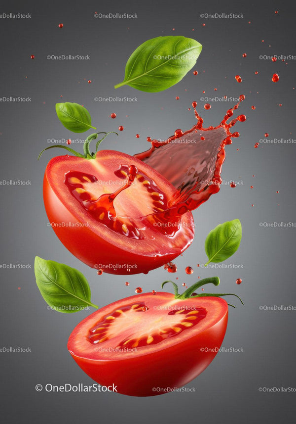 Fresh tomato halves with basil leaves and splash
